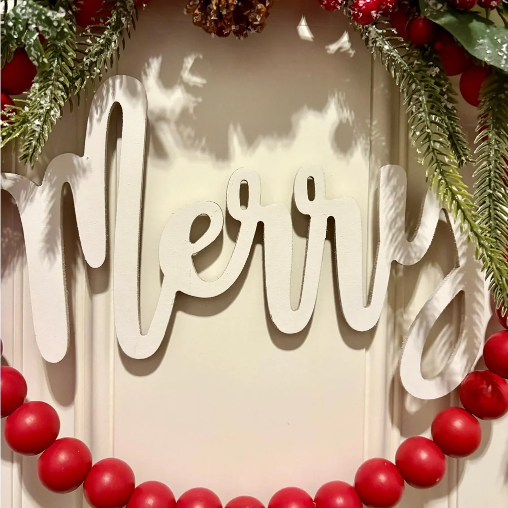 Holiday Wreath with Red Beads and Greenery